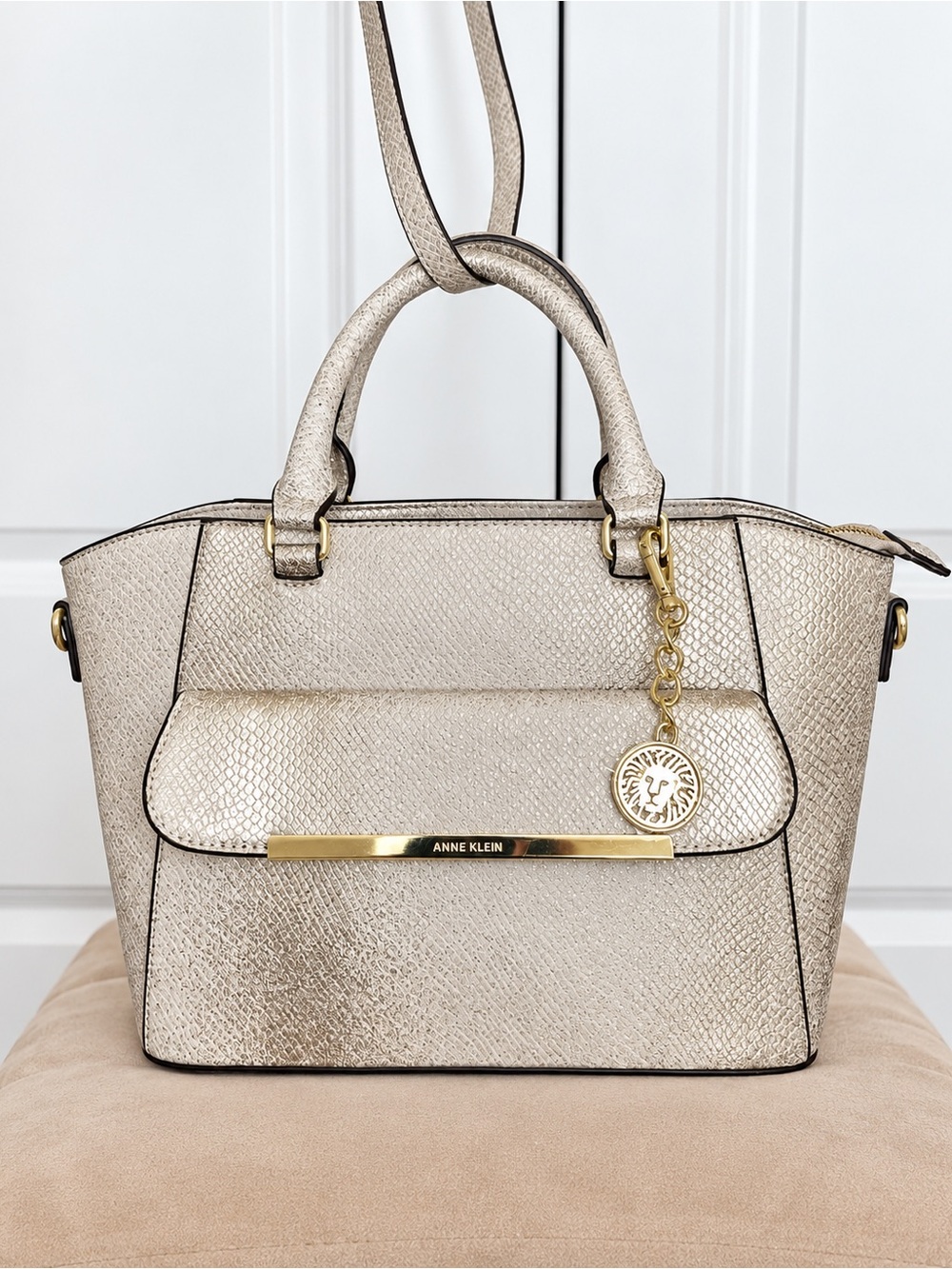 Anne Klein Metallic Champagne Satchel Medium Shoulder Bag Gold Charm NWOT